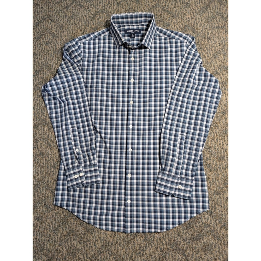 Mizzen+Main Leeward Trim Fit Gingham Dress Shirt Blue White Mens M 1WS-0311-T